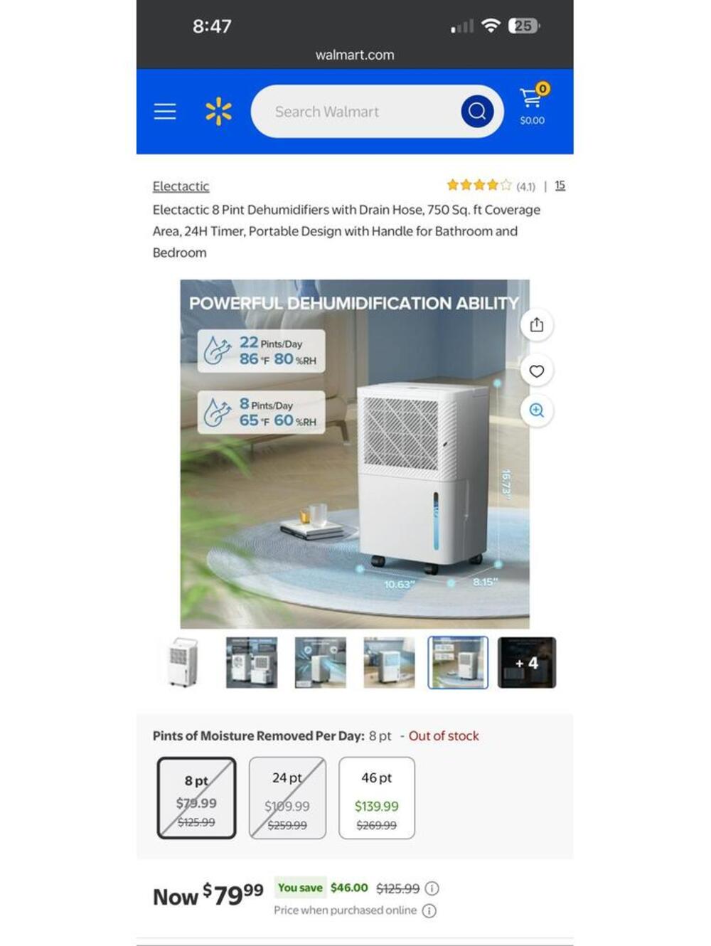 Electactic 8 Pint Dehumidifier with Drain Hose, 750 Sq. Ft Coverage - Open Box